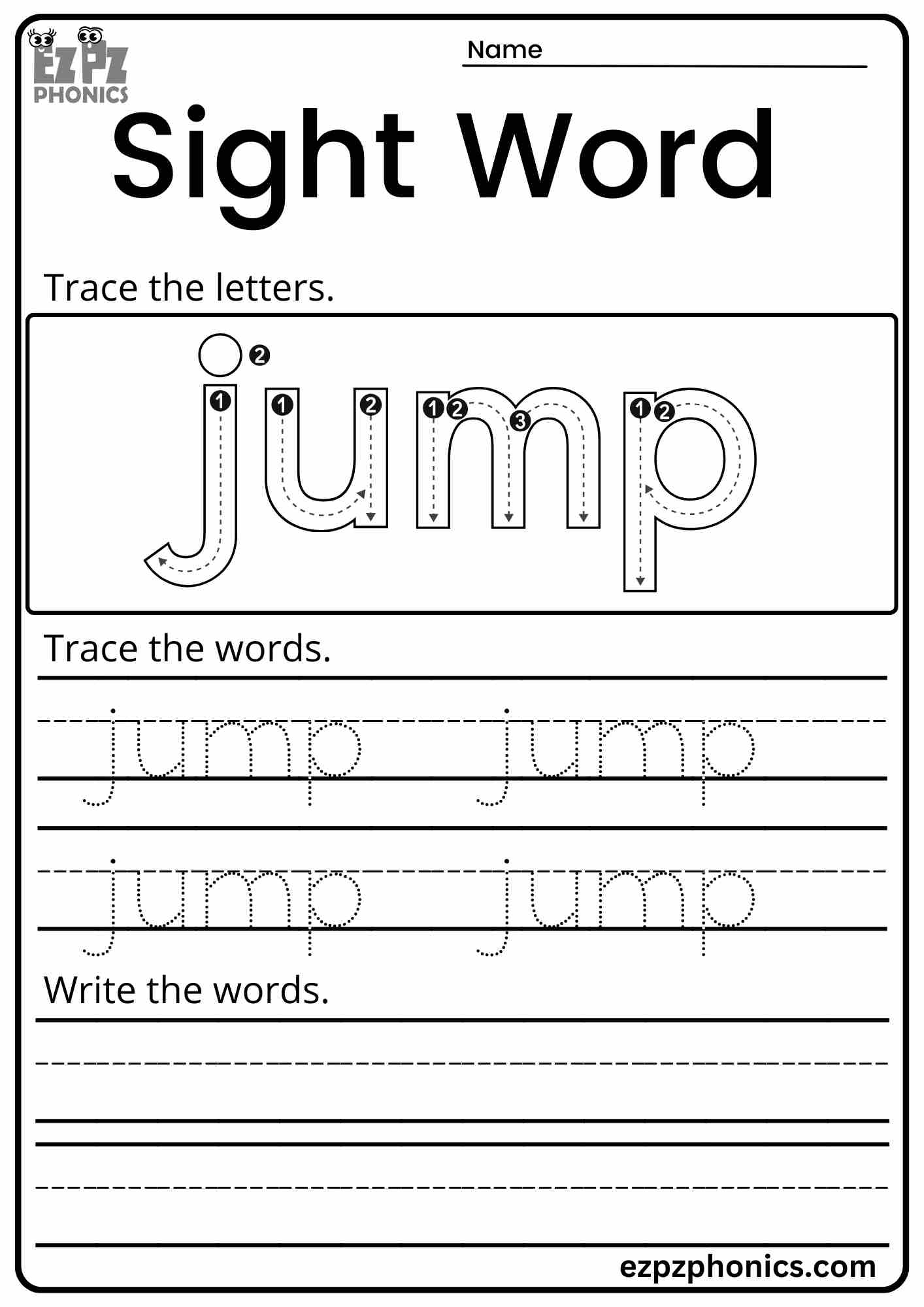 Dolch Sight Word "Jump" Activity for Early Learners PDF Download Set 2
